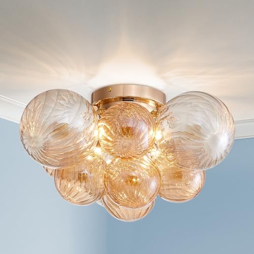 AGV LIGHTING Modern Bubble Glass Flush Mount Ceiling Light Fixture, Gold 4-Light Ceiling Chandelier with Amber Textured Glass Globe Shades, 18” Living Room Bedroom Dining Room Lighting by AGV LIGHTING - Used condition - US$88.94