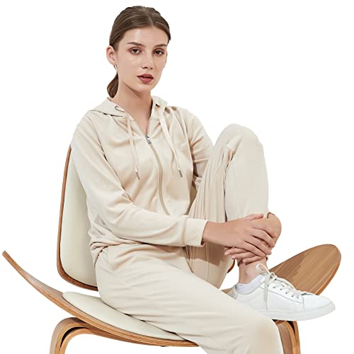 Liki Swan Women's 2 Piece Velour Tracksuit Set Long Sleeve Hoodie Sports Jogging Pants Set With Pockets Sweatsuits Beige L #TOP5