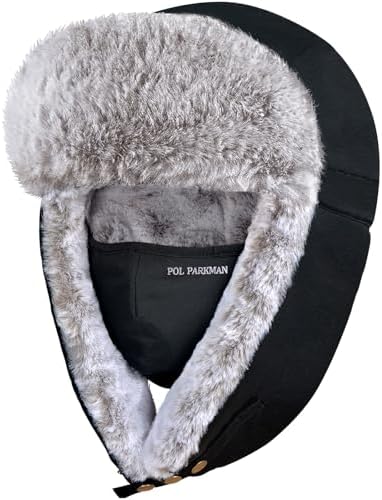 Harssidanzar Pilotenhoed, aviatormuts, trapper hoed voor heren en dames, lamsvacht, shearling, leer, warme wintermuts, CU610EU, zwart, M