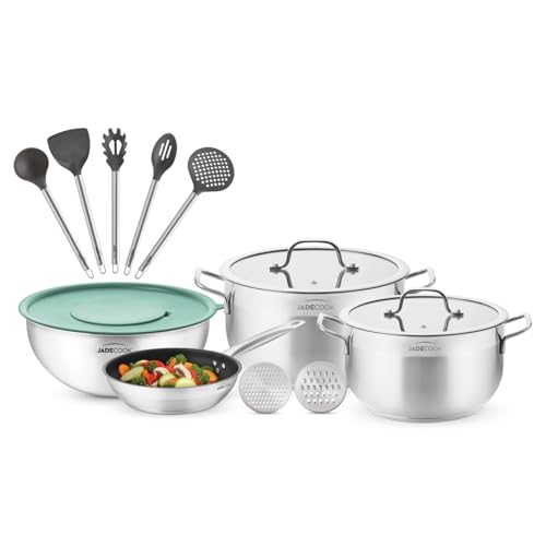 La Mejor Selección de Bateria de cocina jade cook para comprar online. 49 Jade Cook Juego de Ollas Batería de Cocina 16 Piezas Antiadherente Acero Inoxidable 18/10 Base de Inducción, Sellado Hermético, Ralladores Intercambiables con Set de Utensilios...