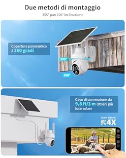 SEHMUA 4G LTE Telecamera Esterno con SIM e pannello solare, 2K Telecamere Batterie Senza Fili, 360° PTZ Videocamera Sorveglianza, Visione Notturna, PIR Rilevamento, Audio Bidirezionale, IP66, 2 Pezzi