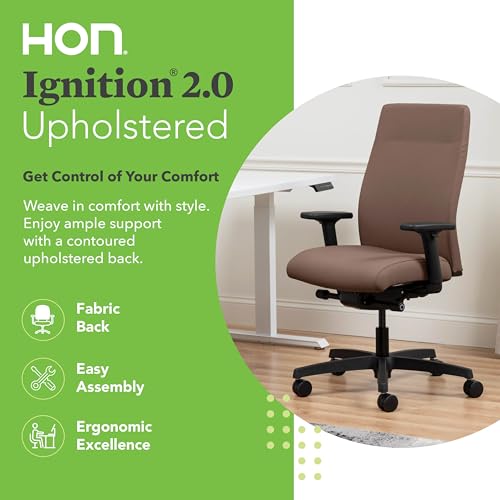 Image of HON Ignition 2.0 Ergonomic Office Chair with Adjustable Arms, Advanced Synchro‑Tilt Recline, Upholstered Desk and Computer Chair for Home Office or Workstation, Black Frame, Bark