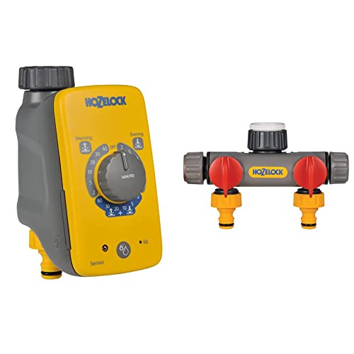 Image of Hozelock Sensor Electronic water timer with daylight sensor that automatically waters daily, only at sunrise, sunset or both & Hozelock 2252 0000 2-Way Tap Connector