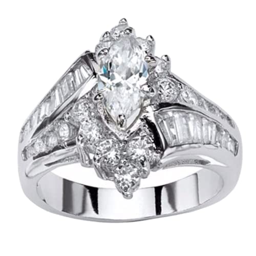 FZO 18K White/Yellow Gold Plated Luxury Marquise Cut Cubic Zirconia Step Top CZ Diamond Eternity Engagement Wedding Band Promise Ring Cocktail Party Ring for Women ST.197 (White Gold, 10)