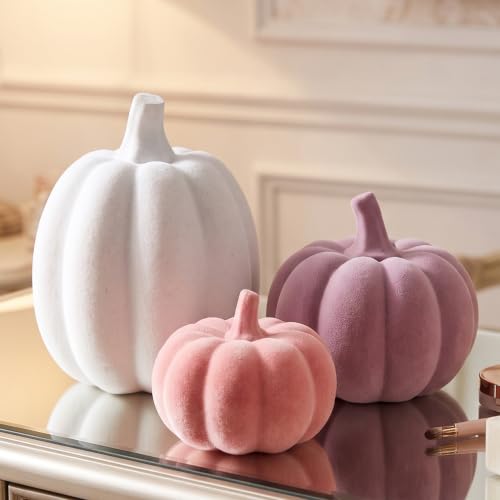 Pink and White Pumpkins Decor, 3Pcs Flocked Velvet Pumpkins Fall Decoration