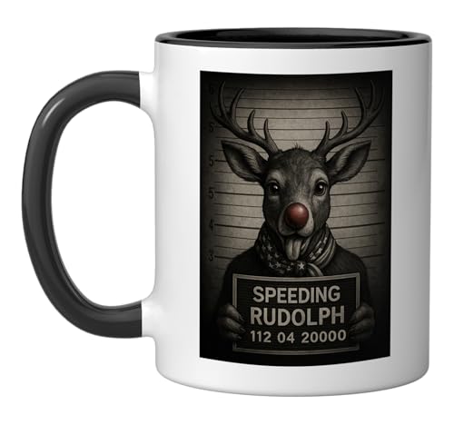 Speeding Rudolph – Funny Christmas Reindeer Mugshot - Sigma Ceramic Mug, Black/White