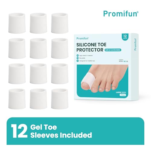 Image of Promifun Silicone Toe Protectors - 12 Pack Silicone Toe Sleeve for Hammer Toes, Corns, Calluses, Blisters - Soft Gel Toe Tube Pads for Pain Relief(Large Sizes, White)