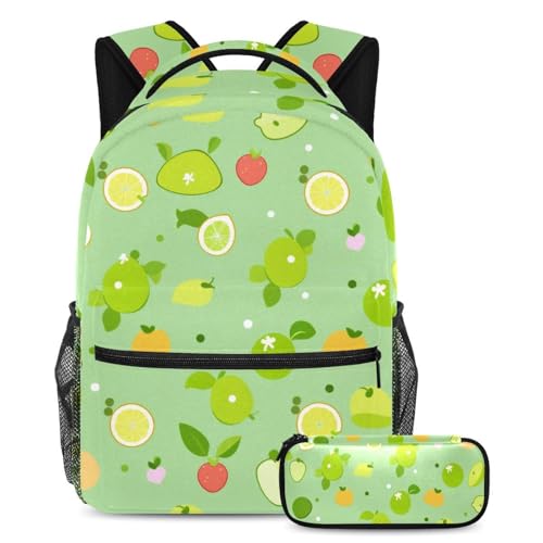 Sac à dos ergonomique fruits verts et sa trousse pour soulager le dos de l'ado