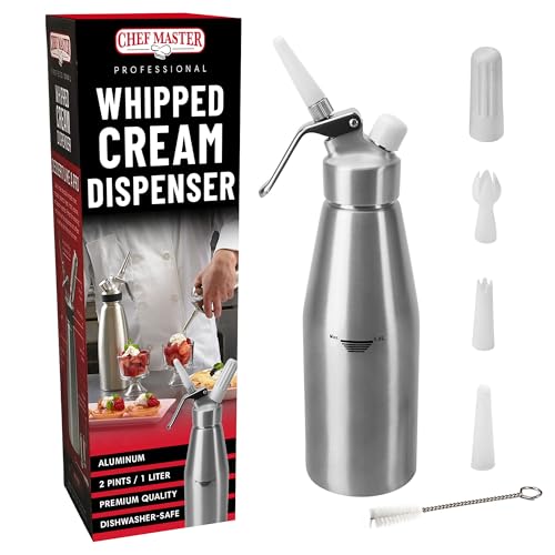 Chef Master (2 Pint / 1 Liter) Aluminum Whipped Cream Dispenser - Decorating Tips for Desserts, Coffee, Latte + Cleaning Brush - Whip Cream Dispenser Canister for Home, Bakery or Restaurant - 90077 by Chef Master - Used condition - US$44.71