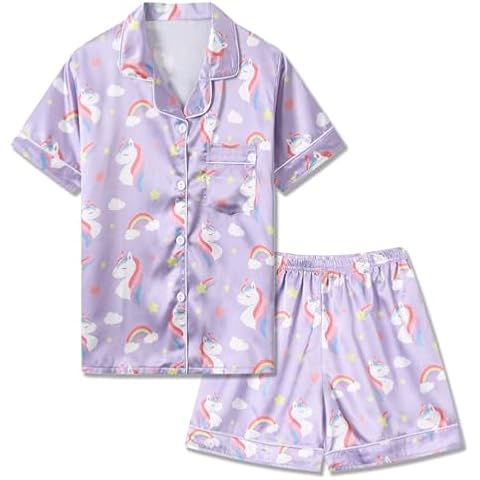 LANKMEI Kids Satin Pajamas Set, 2 Pieces Silky Pjs Short Sleeve & Pants Sleepwear Loungewear Button Down Pjs for Boys Girls Unicorn Cover