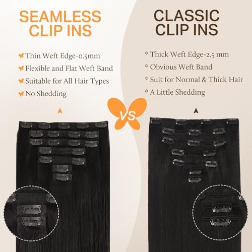 Image of DOORES Real Human Hair Extensions, Natural Black 16 Inch 7 pcs 110g, Seamless Clip in Hair Extensions with Straight Invisi Edge
