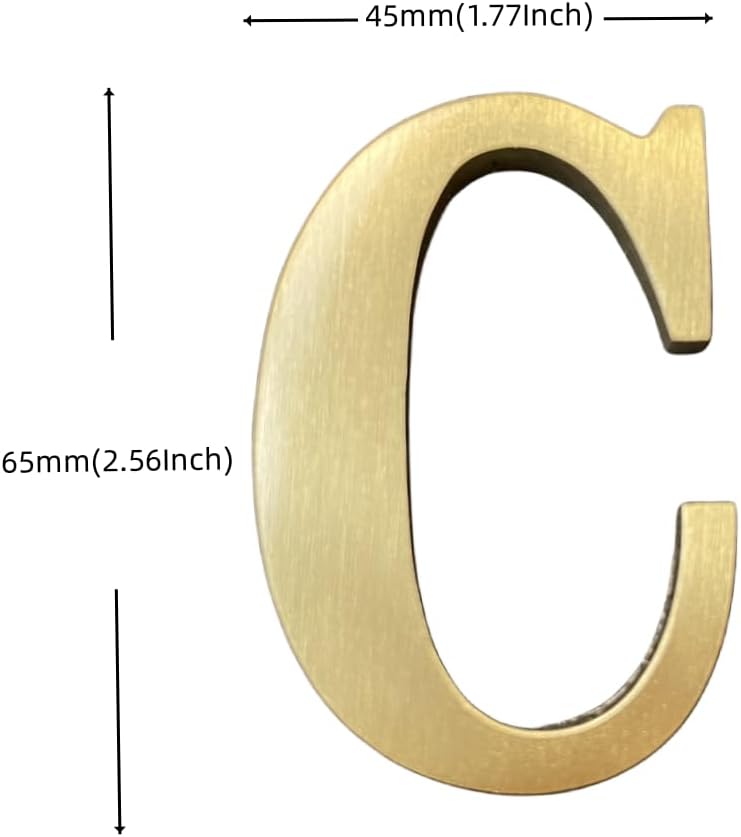 2.6Inch Soild Brass Sticker English Letters, Metal Alphabet Letters Ornament, Wall Self Adhesive Letters and Numbers, House Address Signage, Door Numbers, letters Decor Hardware (Letter C)