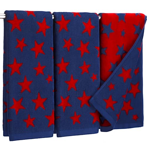 Tingjoo 3 Pcs Independence Day Patriotic Towels USA 4th of July Reversible Jacquard Cotton Towel 250th Red Blue Hand Towels with American Flag Star for Kitchen Bathroom Soft Absorbent Decoration