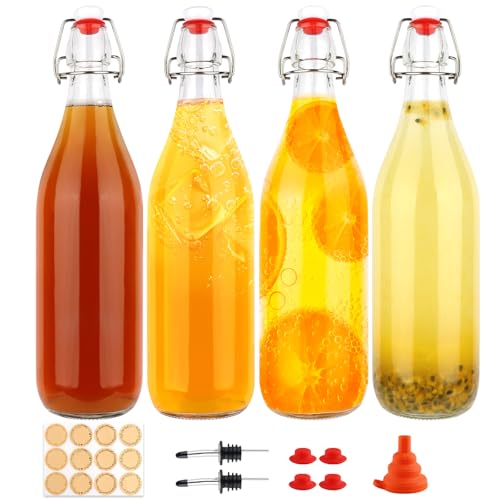 HWASHIN 1 Liter Swing Top Glass Bottles, 4 Pack 33 oz Flip Top Bottles with Airtight Stopper for Home Brewing, Kombucha, Beer, Kefir, Beverages