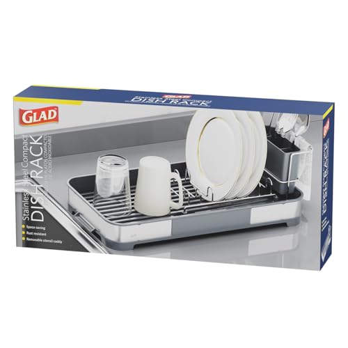 Glad Stainless Steel Dish Drying Rack - Small Space Saving Dish Drainer with Removable Cutlery Holder, Drain Spout, and Towel Bar - Rust-Resistant Metal Rack for Kitchen Countertops, (8”W x 17.5”L) - image 6