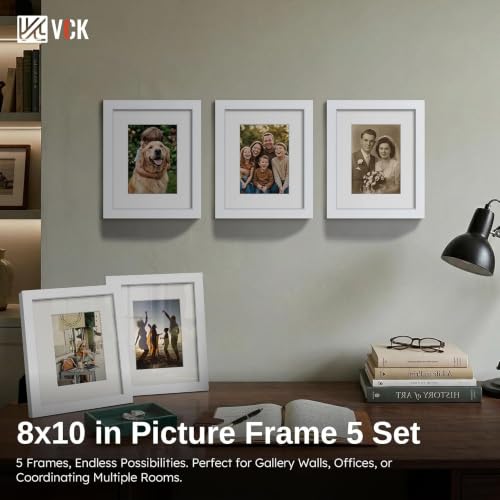 Image of VCK 8x10 Picture Frame 5 Pack, White Wood, 5x7 Mat, Glass, for Photo Print