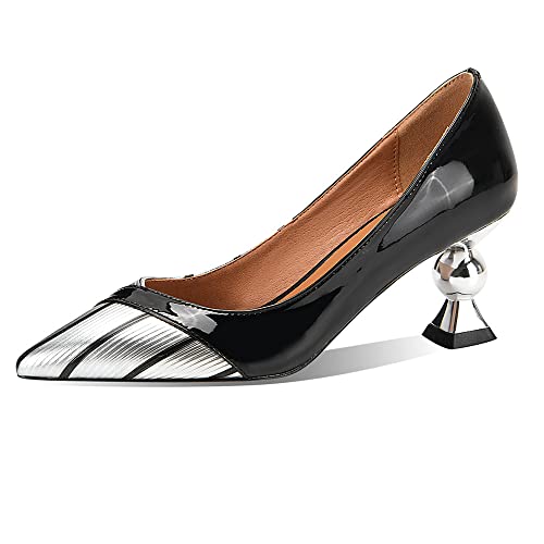 TinaCus Sapato feminino bico fino couro genuíno elegante salto médio artesanal, Prata, 8.5