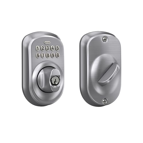 Schlage Plymouth Electronic Keypad Deadbolt Lock, Keyless Front Door Entry, Mechanical Key Backup Included, Satin Chrome, BE365 PLY 626 by SCHLAGE - Used condition - US$70.00