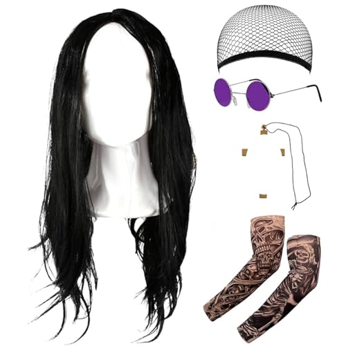 EDLMKM 5Pcs Rocker Wig Set Rock Costume Set Black Long Wig Round Hippy Glasses Cross Necklace and Tattoo Sleeves Rocker Fancy Dress Accessories Costume for Theme Party Halloween Stage Carnival