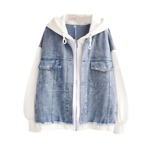 Women Denim Jacket Vintage Fashion Spring Autumn Hooded Denim Splicing Loose Casual Coat