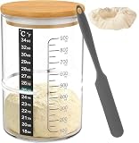 PFUM Sourdough Starter Jar Kit- 34oz Sourdough Starter Jar with Marked Feeding Band, Thermometer, Cloth Cover & Wooden Lid for Sourdough Baking Supplies, Glass Container Wide Mouth Glass Jar