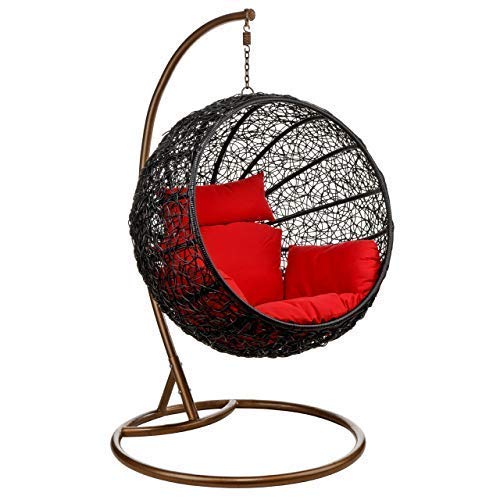Hindoro Big Boss Wicker Rattan Hanging Egg Chair Swing for Indoor Outdoor Patio Backyard, Comfortable Relaxing with Cushion and Stand (Standard Brown Swing, Red)