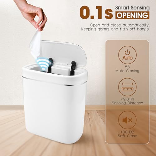 Image of VZZNN 2Pcs Bathroom Trash Can,2.4 Gallon Automatic Garbage Can with Lid,9 Liter Small Touchless Motion Sensor Trash Bins, Garbage can for Bathroom, Kitchen, Office,White