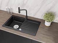 Faizee Granitspüle 75 x 44 cm Schwarz Gesprenkelt – inklusive Armatur Aqua Twist in Schwarz – eckige Einbauspüle aus Granit – beidseitig montierbar, kratzfest, hitzebeständig – modernes Spülbecken – Ansicht 3