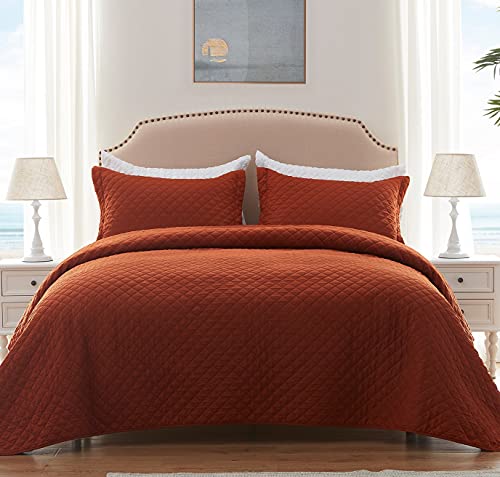 Sunstyle Home Quilt Set Twin Rust Lightweight Bedspread Soft Reversible Coverlet For All Season 2Pcs Burnt Orange Diamond Quilted Bedding Sets (1 Quilt 1 Pillow Sham)(68"X86") #TOP4