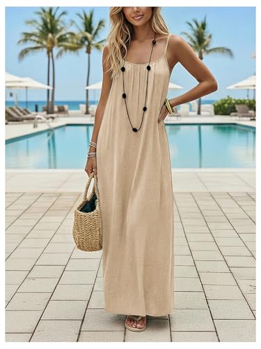 Image of SHENHE Women's Open Back Spaghetti Strap Beach Maxi Dress Loose Flowy Vacation Sundress