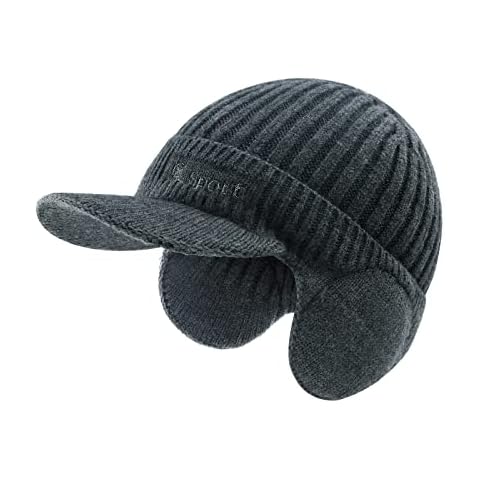 SEYUFN Men's Winter Warm Knitted Adult Visor Hat Fleece Hat Young Ear Flap Hat Men's Birthday Gift Outdoor Skiing Motorcycle Hiking Cycling, dark grey, One size Cover