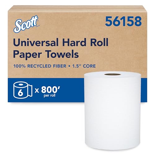 Scott Professional Universal 100% Recycled Fiber Hard Roll Paper Towels Bulk (56158) Hardwound 1.5 Core Absorbency Pockets Compressed White (6 Rolls at 800 Each 4 800/Case)