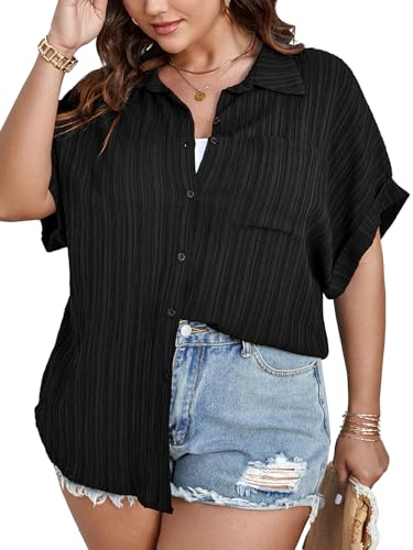 SCOMCHIC Women Plus Size Button Down Short Sleeve Shirts Collared Textured Summer Blouse Casual Tops with Pockets Black