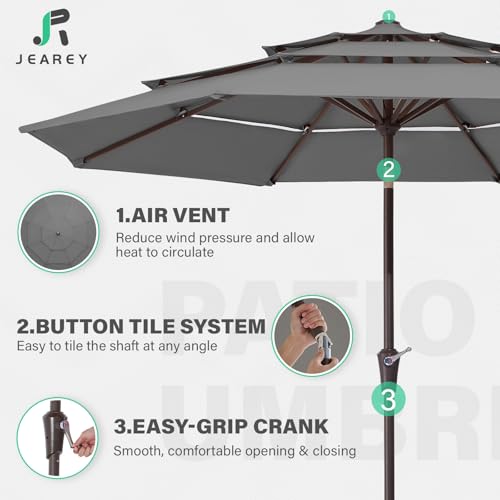 Image of JEAREY 9FT 3 Tier Patio Umbrella Outdoor Market Umbrella Table Umbrellas with 8 Ribs 1.5 Pole Push Button Tilt and Crank UV Protection for Garden,Backyard,Gray