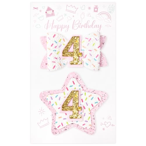 DEEKA 4th Birthday Hair Bow and Badge Set for Girl - Glitter Pink and White Hair Clips for 4 Year Girl Party Decoration - Girls Toddlers Hair Accessories