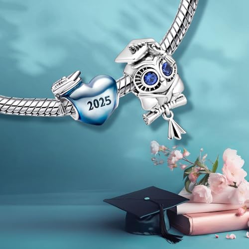 Abalorio de plata de ley 925 con corazón búho graduación azul 2025 mujer 3