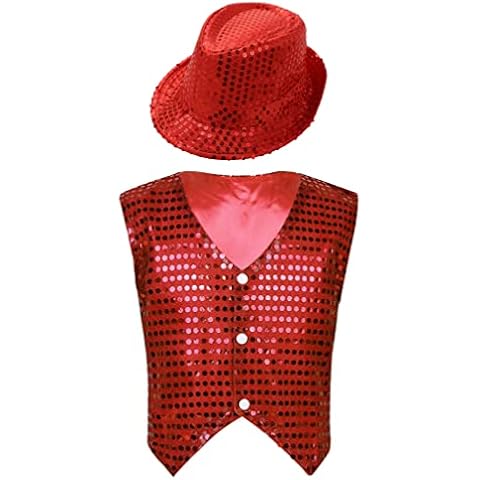 TiaoBug Boys Girls Sequins Vest Waistcoat Top Hip Hop Jazz Street Modern Dance Jacket Performance Party Costume with Hat Red 13-14 Years Cover
