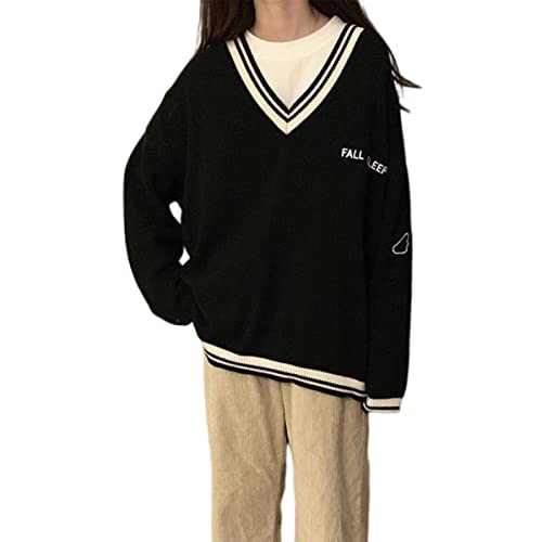 Image of Korean Women's Sweater Academy Style V-Neck Letter Pullover Women's Casual Loose Sweater