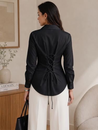 Image of OOMPH! Women's Cotton Solid Corset Style Shirt | Back Lace-Up Tie-Up Cinched Waist | Full Sleeve Button-Down Formal Office & Smart Casual Shirt