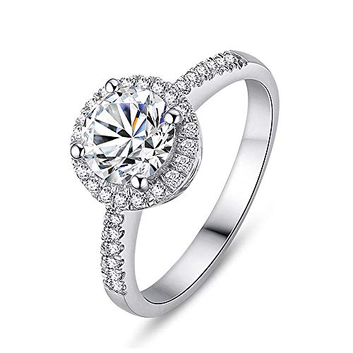 18K White Gold Plated Round Simulated Moissanite Engagement Ring Solitaire Cubic Zirconia Halo Engagement Promise Eternity Ring for Women Size Adjustable