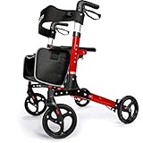OasisSpace Ultra Folding Rollator Walker with Wide Seat 8 inches Antiskid Wheels Compact Design Baking Finish Walkers for Senior (Red)