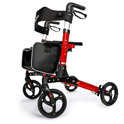 OasisSpace Ultra Folding Rollator Walker with Wide Seat 8 inches Antiskid Wheels Compact Design Baking Finish Walkers for Senior (Red)