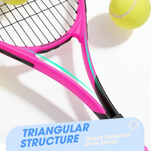 Image of AboveGenius 27 inch Tennis Racket Set,2 Pack Adult Tennis Racquets for Beginners & Intermediate,Pre-Strung 105sq in Oversized Head,Include 3 Balls, 2 Overgrips & Carry Bag for Women & Men (Pink /Blue)
