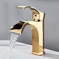 2-Griff-Wasserfall-Wasserhahn Für Waschbecken – Gebürstetes Messing Gold, Inkl. Ablaufgarnitur