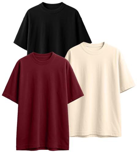 Image of Veirdo 100% Pure Cotton Drop Shoulder Oversized Baggy Fit Half Sleeve Plain Solid Round Neck Multicolor T-Shirt Combo for Men (Pack of 3) (Sizes S-2XL)