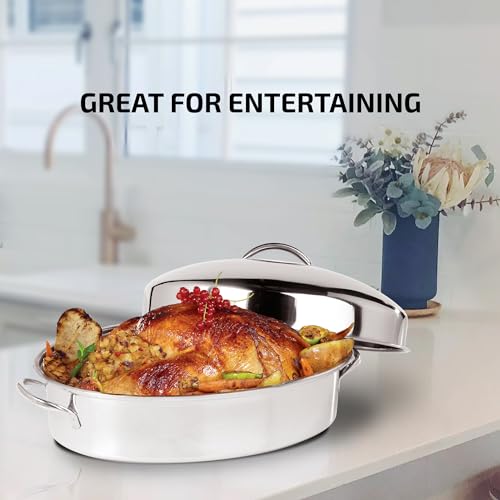 OVENTE Oval Stainless Steel Roasting Pan with Flat Rack and Lid, 16 Inch Nonstick Oven Roaster and Baking Tray, Dishwasher Safe Bakeware for Turkey, Roasted Chicken, Beef or Veggies, Silver CWR32161S by OVENTE - Image 3
