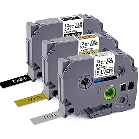 3 Pack P Touch TZe Label Tape for Brother Label Printer Tape 12mm Work for PT-H110 PT-D210VP PT-D450VP PT-H100LB PT-H200 Label Maker,12mm 0.47Inch Laminated White on Black/Gold/Silver Label Refills Cover