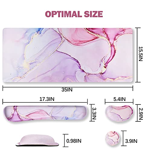 Image of ARTSO Large Gaming Mouse Pad, Keyboard Wrist Rest Pad & Wrist Support Mousepad Set, Stitched Edge, Extended, Non-Slip Base, Memory Foam,Multifunctional Desk Mat for Office & Home, Purple Pink Marble