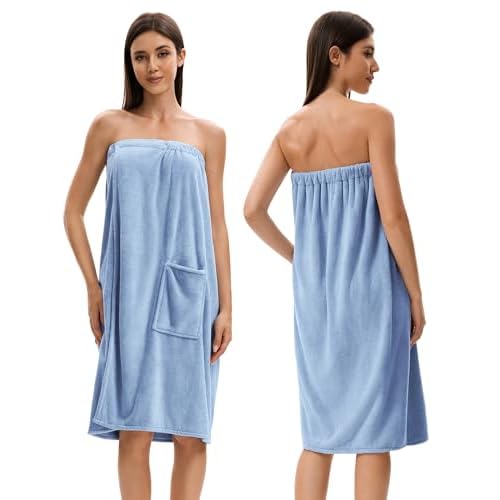 Towel Wrap For Women After Shower，Plush Bath Robe Female，Sauna Spa Wrap Around Towels With Pockets (US, Alpha, One Size, Regular, Regular, Light Blue)
