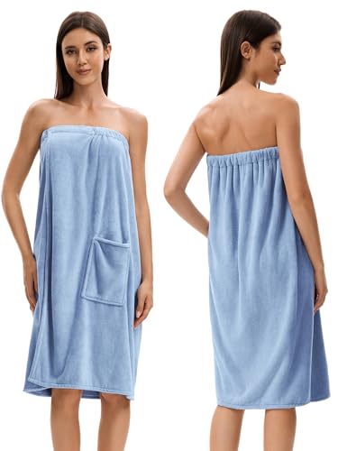 Towel Wrap For Women After Shower，Plush Bath Robe Female，Sauna Spa Wrap Around Towels With Pockets (US, Alpha, One Size, Regular, Regular, Light Blue)